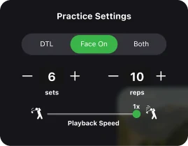 The practice settings panel — camera angle, sets, reps and playback speed