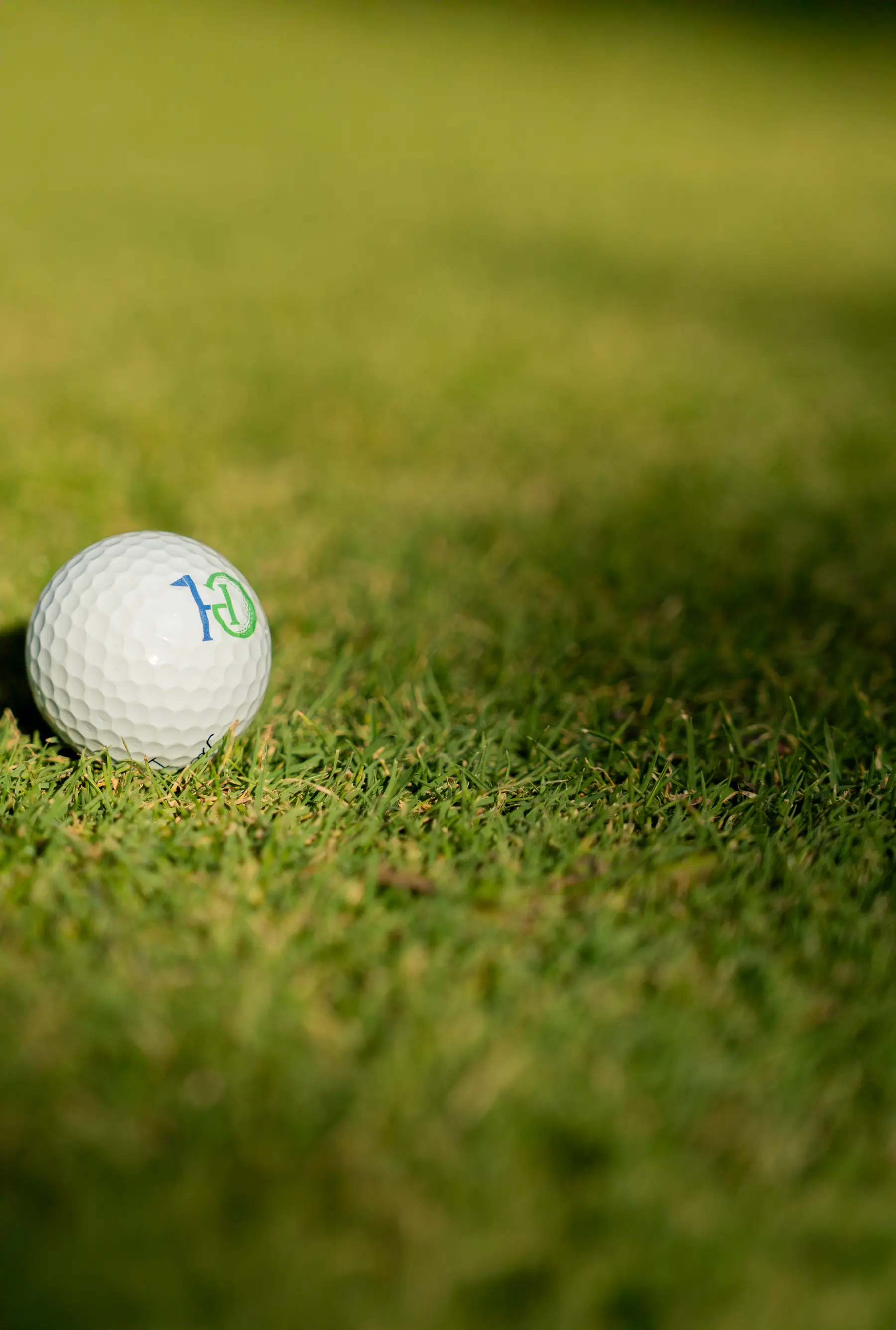 A Handy Golf branded golf ball resting in the grass